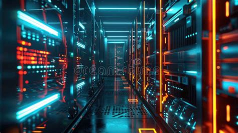 Futuristic Data Center Computer Servers In Dark Room With Blue Led