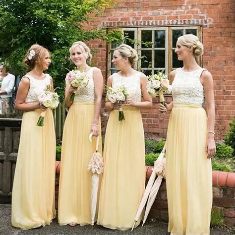 Long Yellow Bridesmaid Dress Lace Top Chiffon Bridesmaid Dress A Line