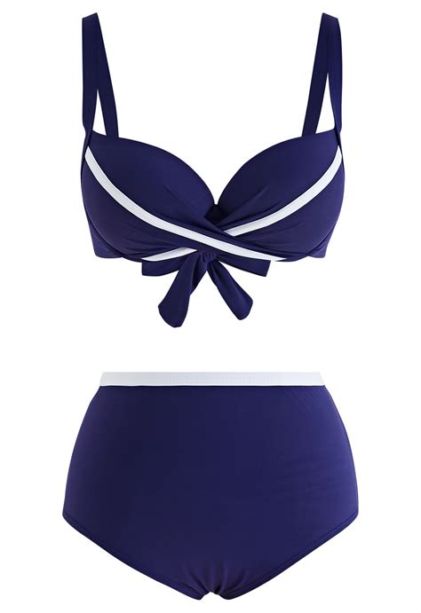 Contrast Stripe Navy Blue Bikini Set Retro Indie And Unique Fashion