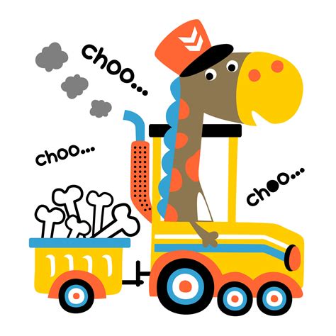 Cute dinosaur wearing machinist cap on steam train loading bones, vector cartoon illustration ...