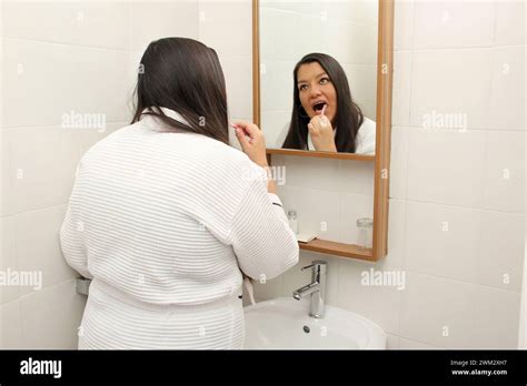 Latina Year Old Woman Brushes And Takes Care Of Her Teeth To Prevent Cavities Dressed In