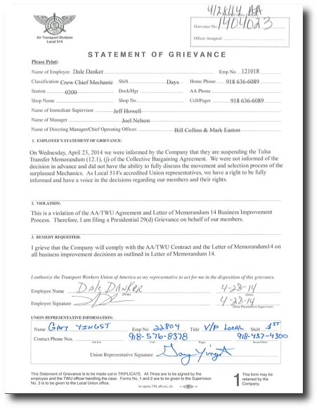 29D Grievance Filed LOM 14 Violation Transport Workers Union Local 514