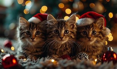 Three Tabby Kittens Wearing Santa Hats Three Adorable Kittens Wearing