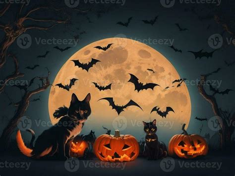 Halloween background with black cat, bats and pumpkins on full moon ...