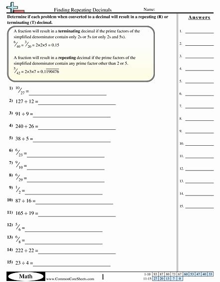 Terminating And Repeating Decimals Worksheet