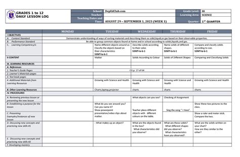 Dll Science 3 Q1 W1 First Quarter Week1 Grades 1 To 12 Daily Lesson