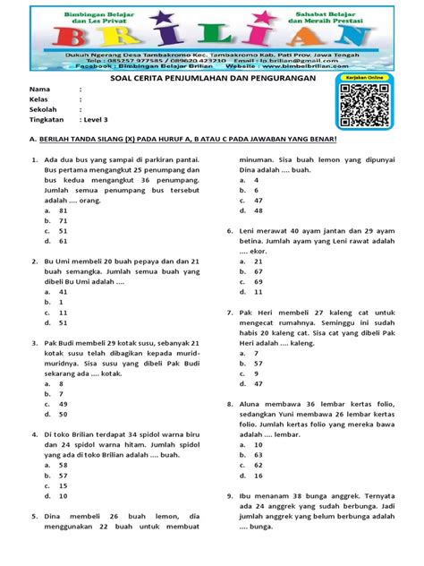 Soal Cerita Penjumlahan Dan Pengurangan Kelas 2 Sd Level 3 Pdf