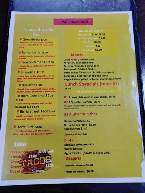 Menu At Az Taco King Phoenix Restaurant Phoenix