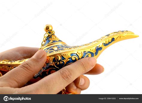 Person Holding Rubbing Magicial Genies Lamp Hoping Get Three Wishes