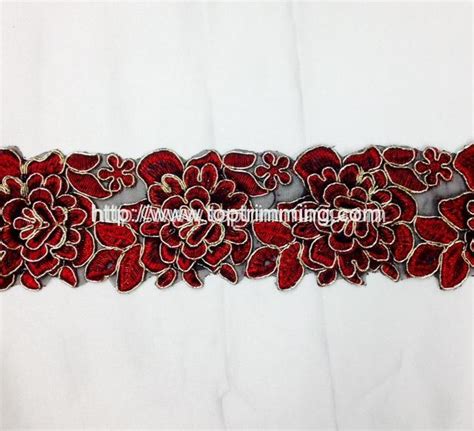 Scarlet Red With Gold Cord D Flower Lace Trim Embroidered Metallic