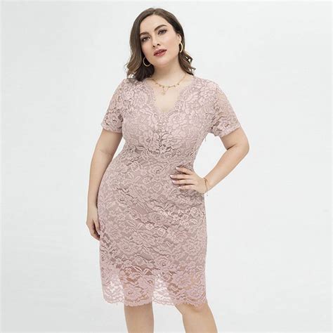 Plus Size Pastel Pink Wedding Guests Bodycon Lace Dress Apricus