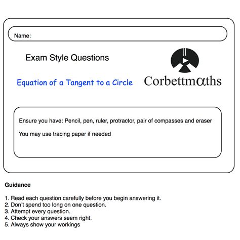 Equation of a Tangent to a Circle Practice Questions – Corbettmaths