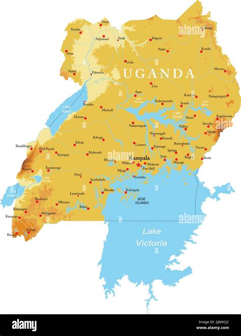 Mapa físico altamente detallado de Uganda en formato vectorial con