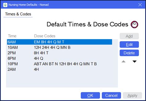 Setting Up Default Times And Dose Codes