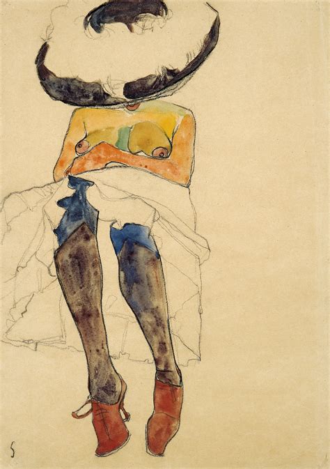 Egon Schiele Seated Semi Nude With Hat And Purple Stockings Art Basel