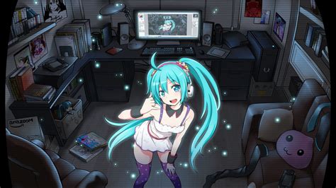 Hdデスクトップ 壁紙 ボーカロイド 月 出演者 夜 長い髪 初音ミク アニメ アクアアイズ アクアヘア ツインテール