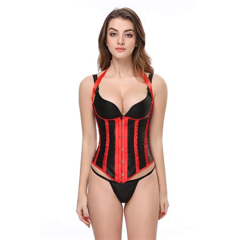 Black Red Striped Underbust Corsets Sexy Steampunk Halter Steel Boned Corset Bustier Womens