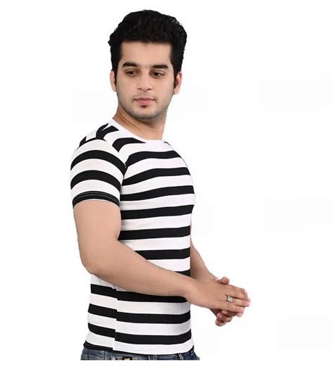 Male Black And White Men Striped Half Sleeve Round Neck T Shirt Size