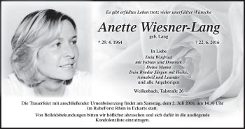 Anette Wiesner Lang Traueranzeige Trauer Infranken De