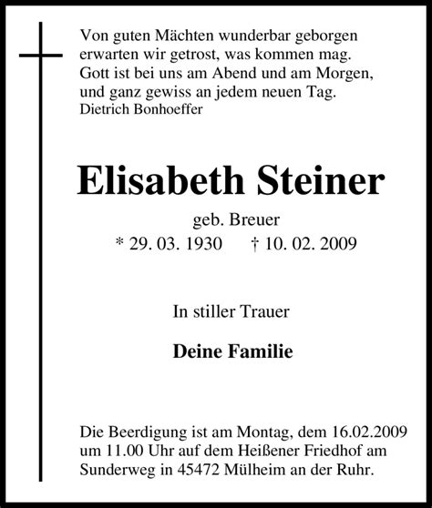 Traueranzeigen Von Elisabeth Steiner Trauer In Nrw De