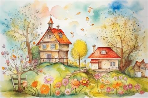 Premium Ai Image Adorable Watercolor Painting House In The Field With