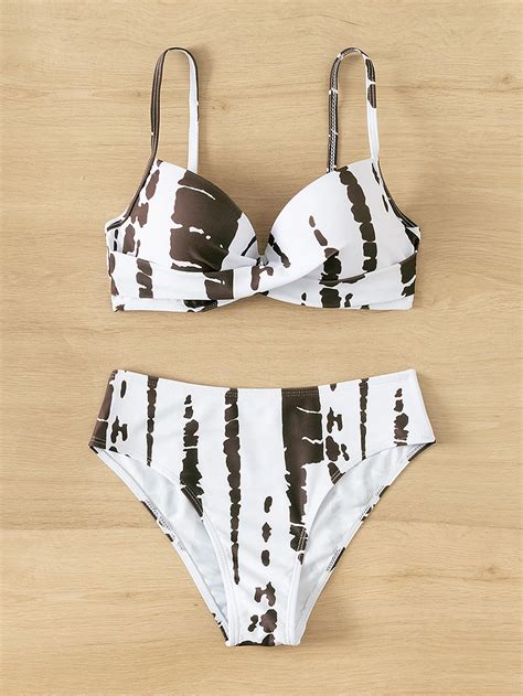 Bañador bikini push up con estampado de pincelada Café integral