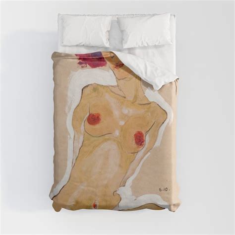 Egon Schiele Squatting Female Nude Duvet Cover By Alexandra Arts