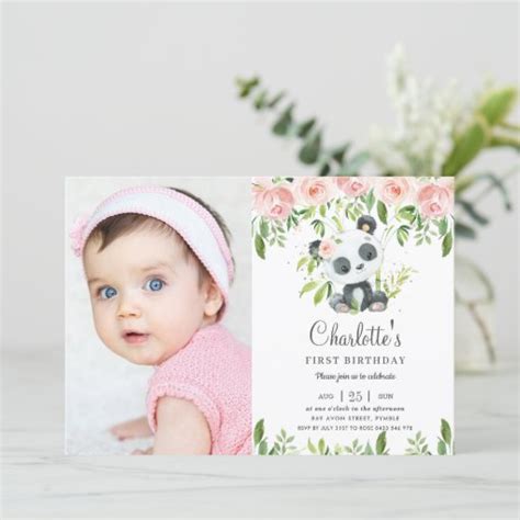 Cute Panda Floral Greenery 1st Birthday Girl Photo Invitation Zazzle