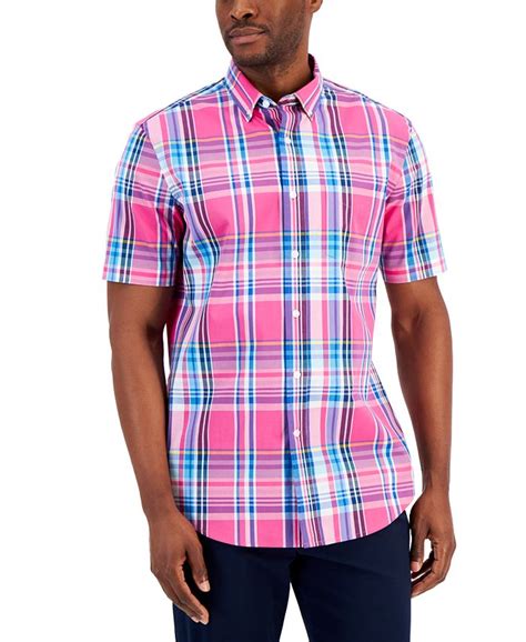 Club Room Mens Cali Plaid Poplin Button Down Short Sleeve Shirt