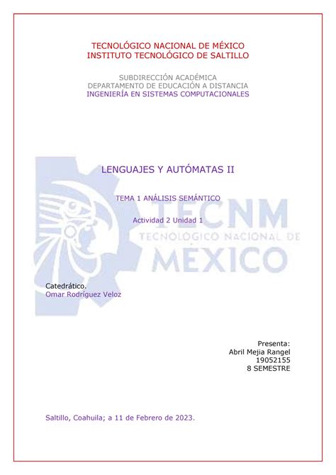 Actividad 2 U1 Lenguajes y Automatas II Abril Mejia TECNOLÓGICO