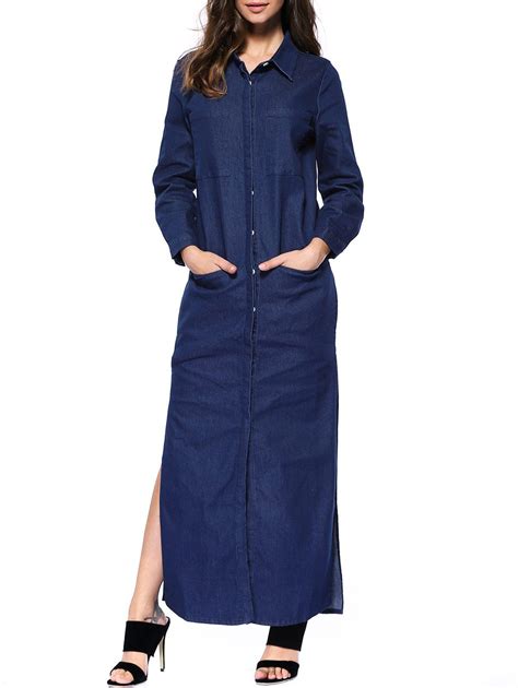 [40 Off] Denim Long Sleeve Shirt Maxi Dress Rosegal