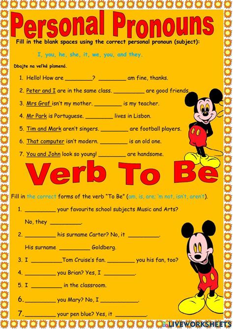 To Be Subject Pronouns Worksheet Live Worksheets