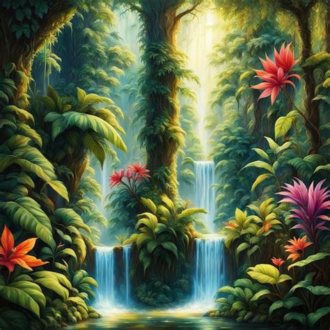 Premium Photo | A painting of a waterfall with a waterfall and tropical ...