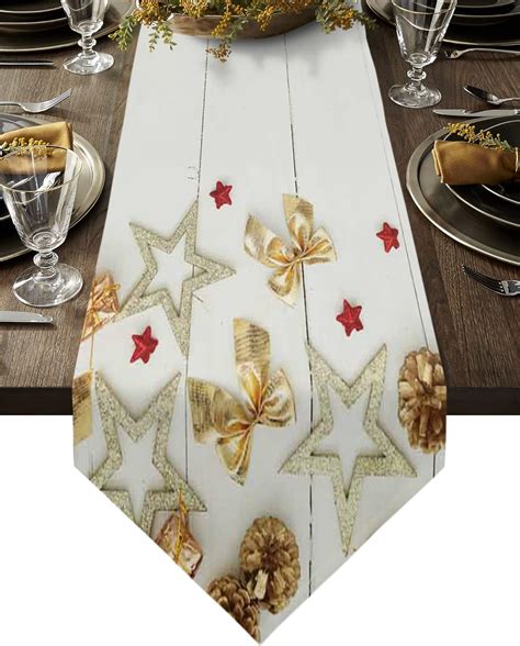 Amazon Linen Table Runner Inch Long Christmas Gold And Red Star