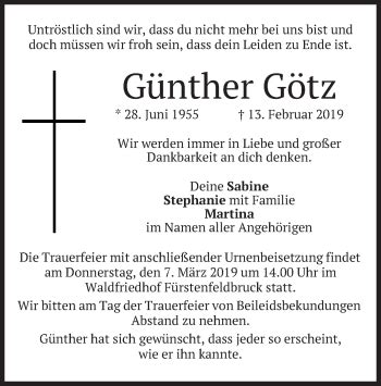 Traueranzeigen Von G Nther G Tz Trauer Merkur De