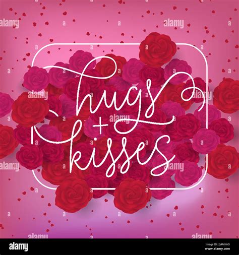 Hugs Plus Kisses Lettering In Frame Inscription With Roses On Pink