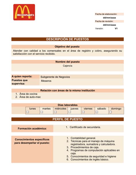 formato descripción de puestos dap CAJERO