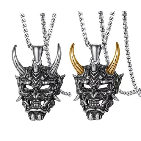 Mens Japanese Hannya Oni Mask Pendant Necklace Punk Rock Jewelry Box