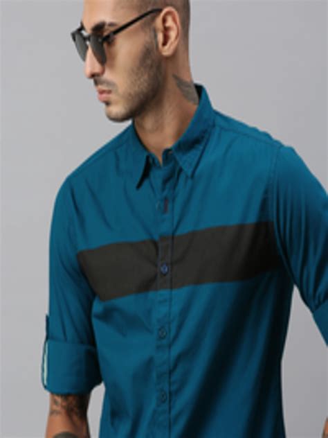 Buy The Roadster Lifestyle Co Men Teal Blue Regular Fit Striped Casual