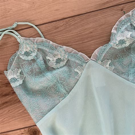 Vintage Sheer Slip Lingerie Dress Gown Blue Chiffon W Gem
