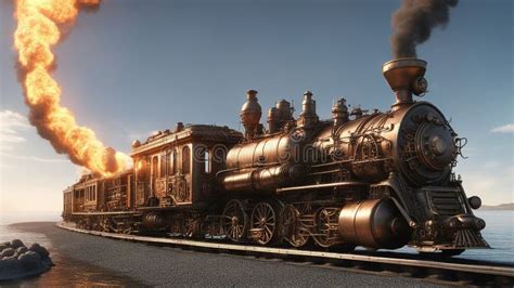 Steam Train In The Mountains Burning Steampunk Train Exploding Fire