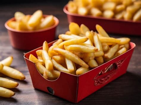 Premium Photo A Red Box Of French Fries With A Red Label That Says