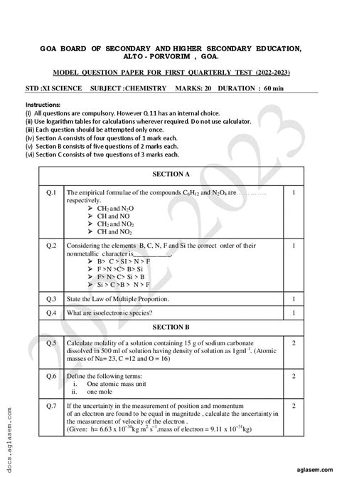 Goa Board Class 11 Chemistry Model Question Paper 2024 PDF