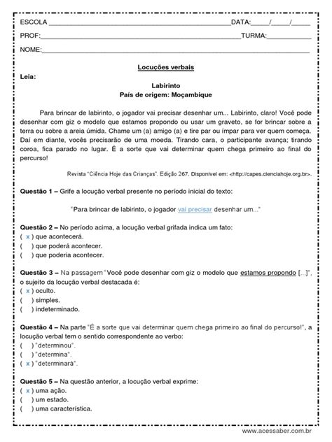 Atividades Sobre Locução Verbal - Atividades sobre Locução Verbal 7º Ano | PDF | Jogos e Atividades