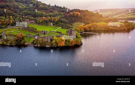 Aerial view of the beautiful Urquhart Castle at the Loch Ness Stock ...