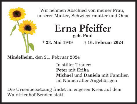 Traueranzeigen Von Erna Pfeiffer Augsburger Allgemeine Zeitung