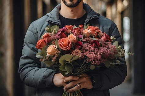 Premium Ai Image Closeup Of A Man Holding A Bouquet Of Flowers