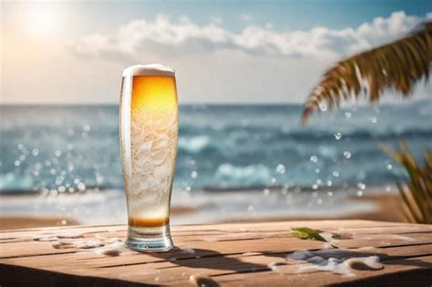 Un Vaso De Cerveza Se Sienta En Una Mesa Con Una Palmera En El Fondo