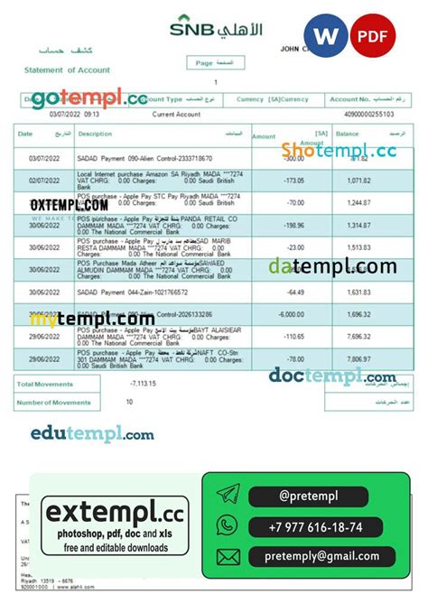 Example Saudi Arabia Saudi National Bank Statement Word And PDF