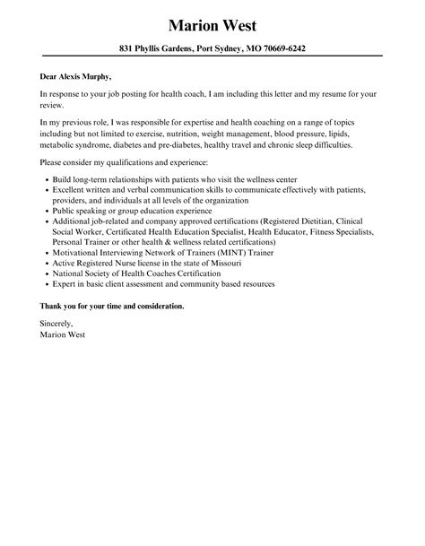 Health Coach Cover Letter Velvet Jobs